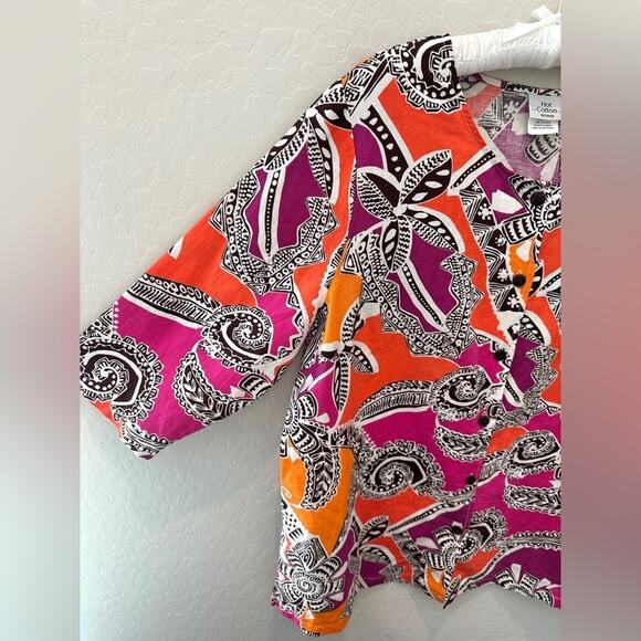 HOT COTTON | Plus Size Linen Blend Abstract Print Button Down Shirt | Size 1X - Picture 3 of 7